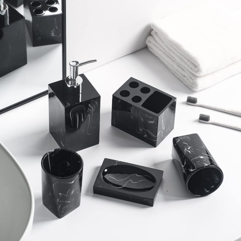 Jung Ford 5-Piece Bathroom Counter Top Accessory Set - Dispenser for Liquid Soap or Lotion, Soap Dish, Toothbrush Holder and 2 Tumblers, Marble Pattern Resin (Ink Black) - Image 2